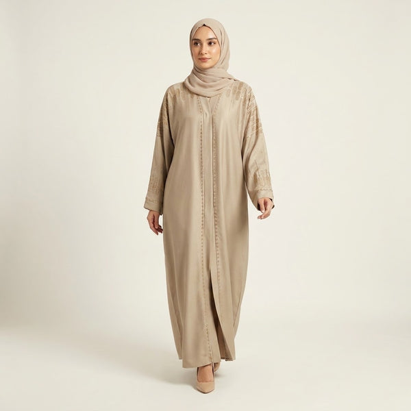 Side profile of Golden Cascade Abaya highlighting the silhouette