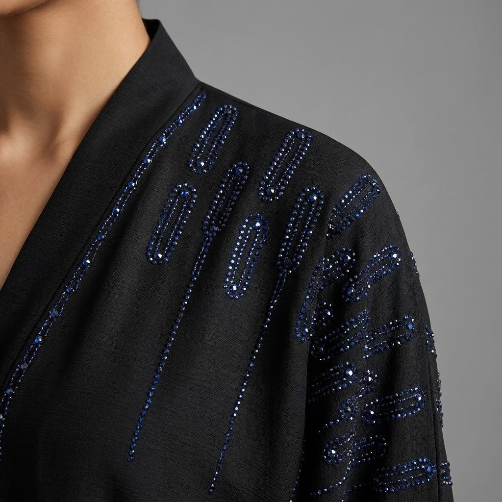 Close-up detail of Onyx Cascade Abaya showcasing the design work