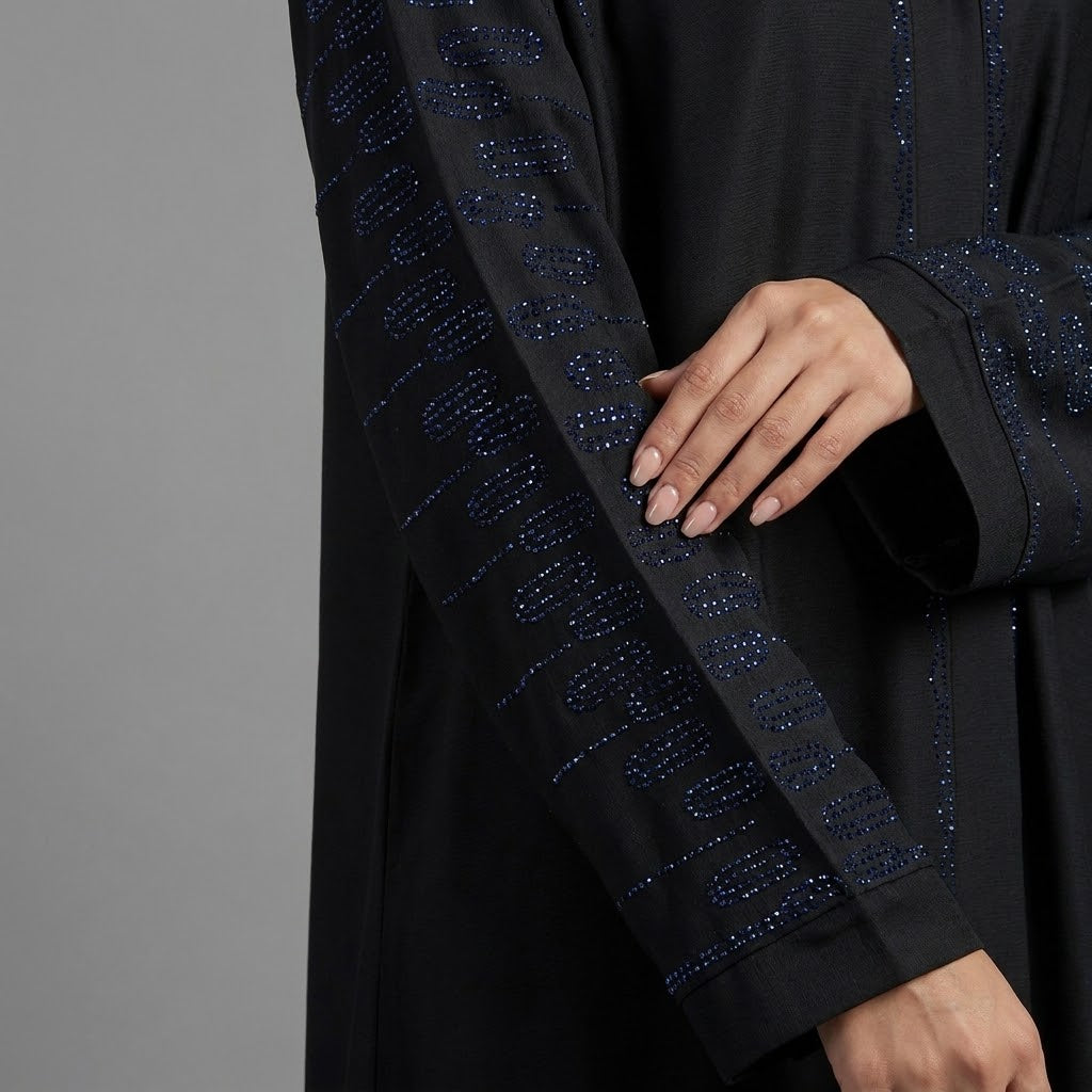 Side profile of Onyx Cascade Abaya highlighting the silhouette