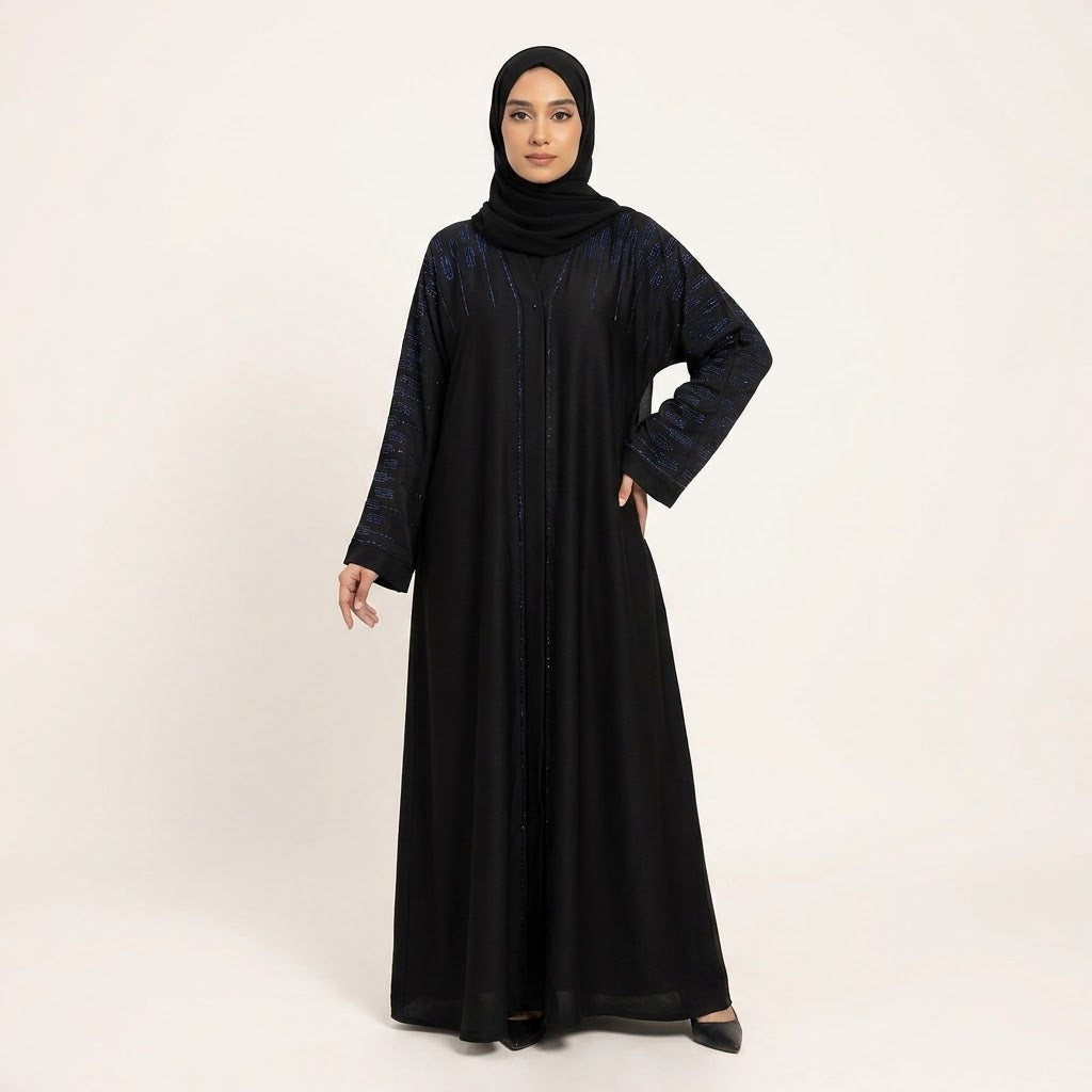 Styled look of Onyx Cascade Abaya, perfect for formal wear, evening functions, party wear, and festive celebrations. discount naad cut prices : 6890 is the actual price and the cut peice is 5160 ( off 25% )