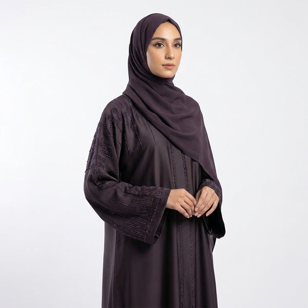 Front view of Deep Plum Cascade Abaya - premium Premium TikTok Fabric (soft, breathable, and offers a highly elegant, flowy drape with a subtle sheen). modest wear
