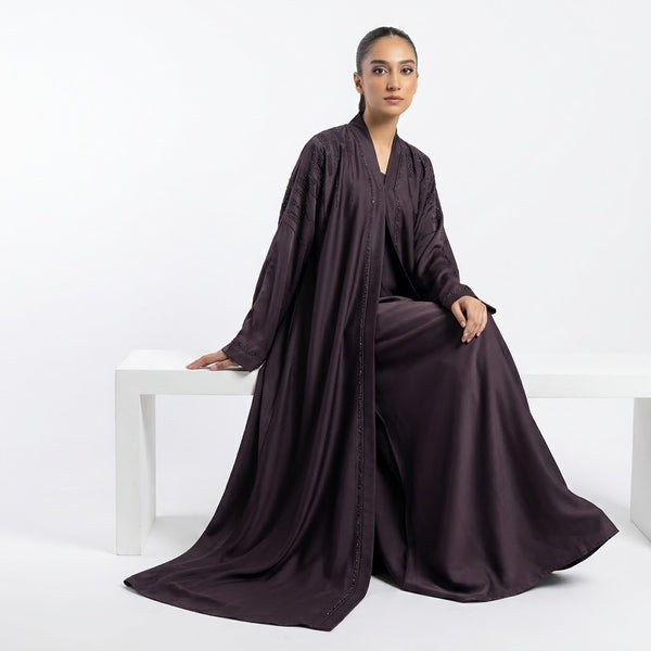 Side profile of Deep Plum Cascade Abaya highlighting the silhouette