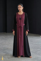 Full-length view of Classic Onyx Deep Set in Shades: A classic, commanding deep black (Onyx) outer coat flawlessly contrasted with a rich, regal deep plum (maroon) inner