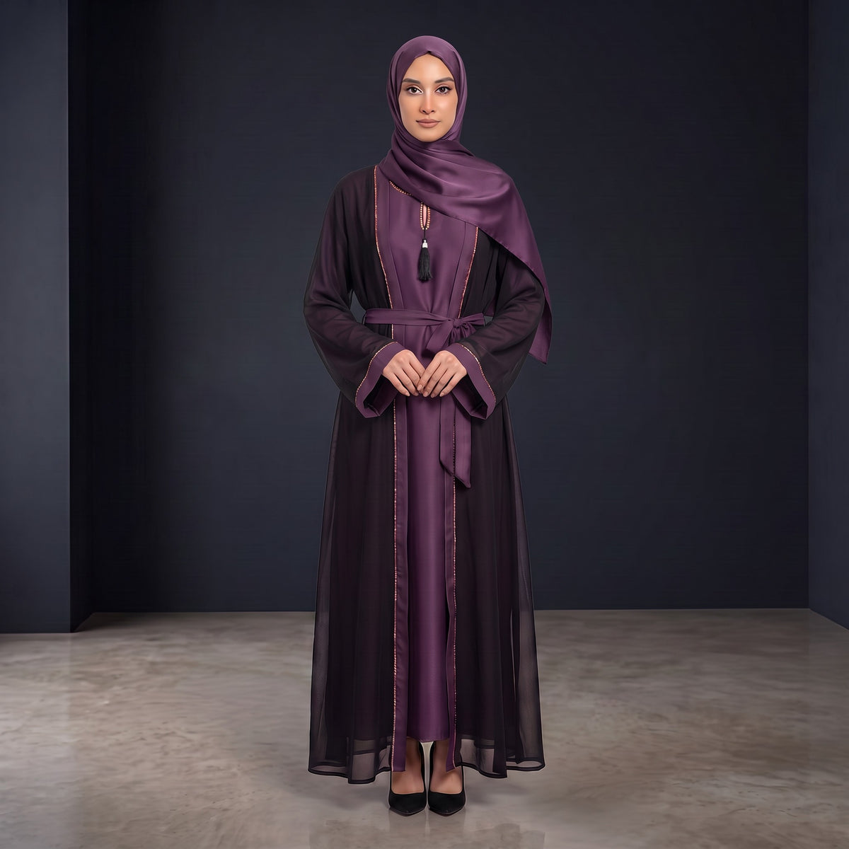 Front view of Imperial Plum Onyx Set - premium Premium Chiffon Crepe (lightweight, semi-sheer jet black with a flowy drape). modest wear