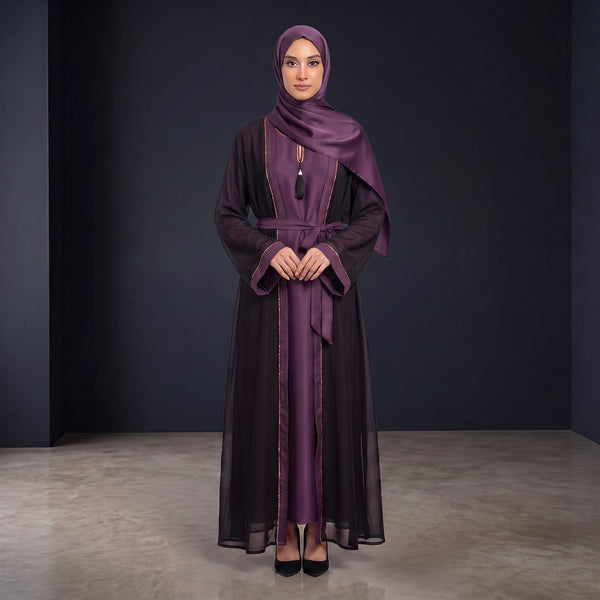 Front view of Imperial Plum Onyx Set - premium Premium Chiffon Crepe (lightweight, semi-sheer jet black with a flowy drape). modest wear