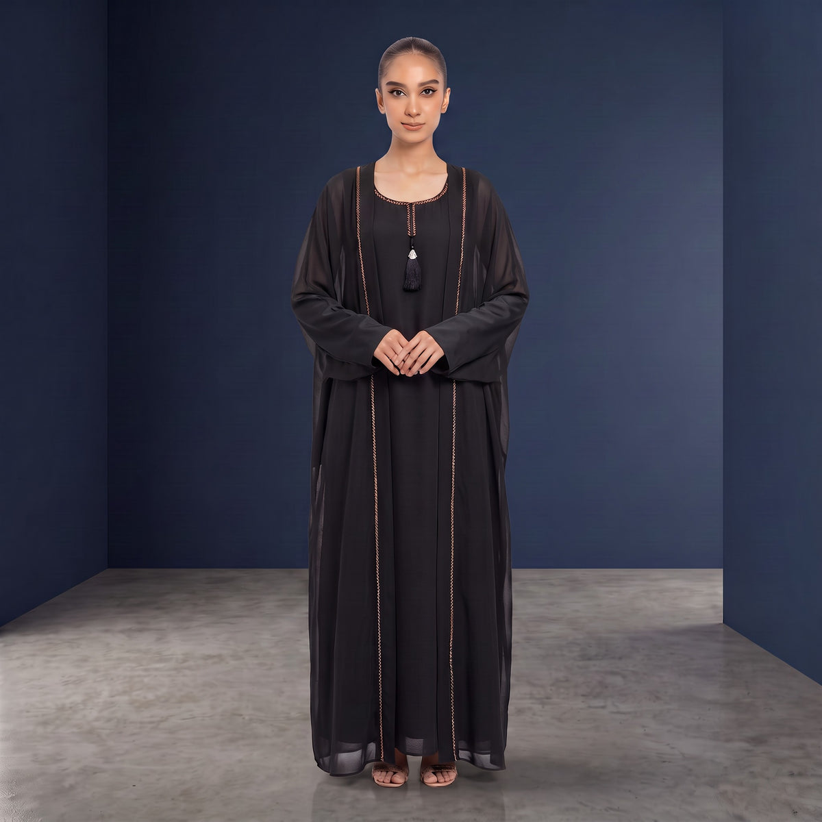 Front view of Midnight Onyx Jet Set - premium Premium Chiffon Crepe (ultra-lightweight, semi-sheer, flowy drape). modest wear