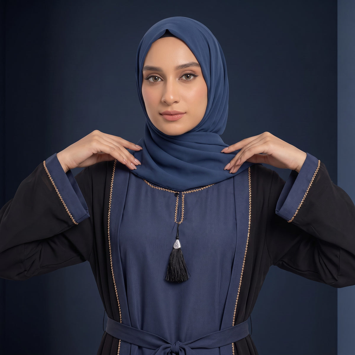 Front view of Classic Onyx Midnight Set - premium Premium Crepe (durable, lightweight, structured texture). modest wear
