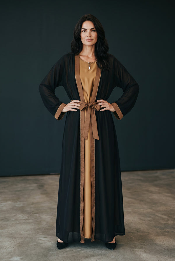 Front view of Midnight Onyx Caramel Set - premium fabric modest wear