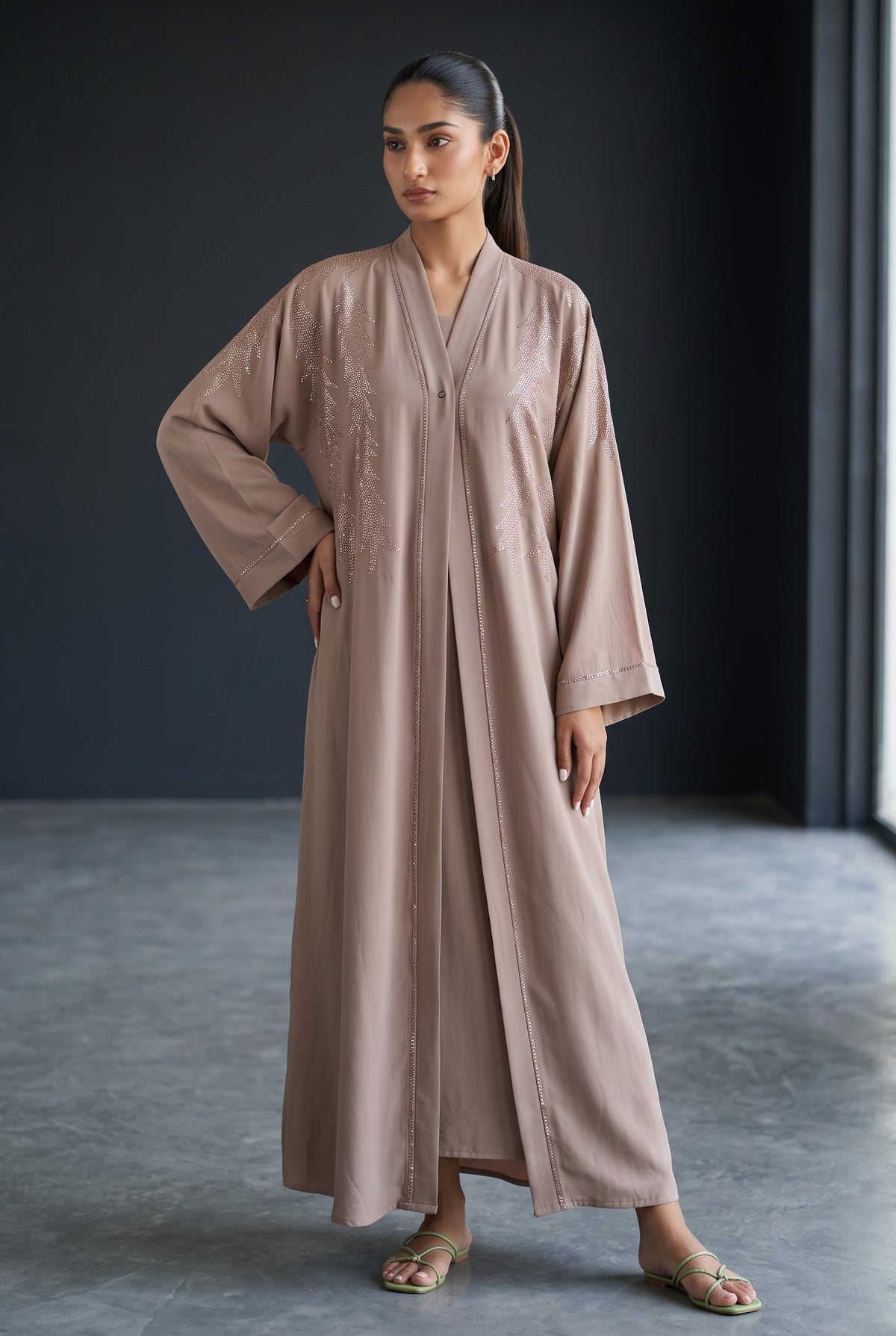 Front view of Aurora Stone Abaya - premium fabric modest wear