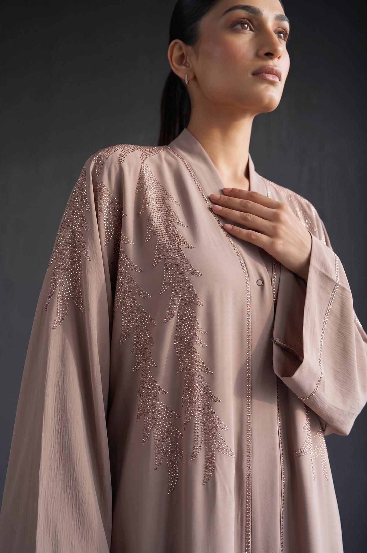 Close-up detail of Aurora Stone Abaya showcasing the design work