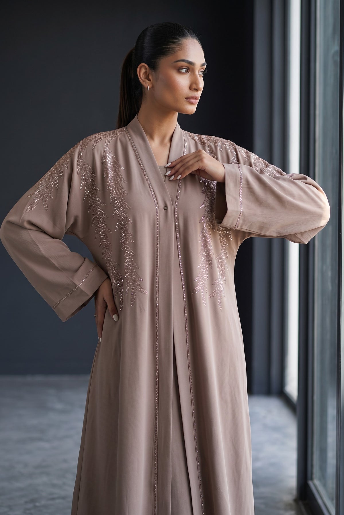 Side profile of Aurora Stone Abaya highlighting the silhouette