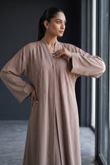 Side profile of Aurora Stone Abaya highlighting the silhouette