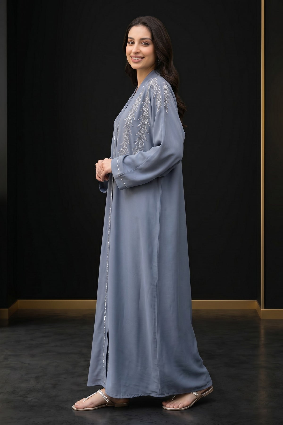 Front view of Feather Rhinestone Deep Abaya - premium fabric modest wear