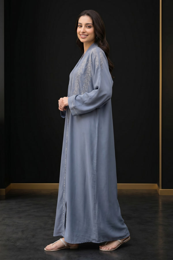 Front view of Feather Rhinestone Deep Abaya - premium fabric modest wear