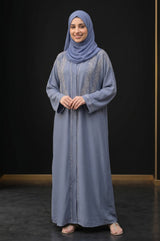 Close-up detail of Feather Rhinestone Deep Abaya showcasing the design work
