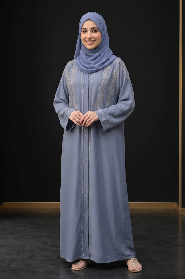 Close-up detail of Feather Rhinestone Deep Abaya showcasing the design work