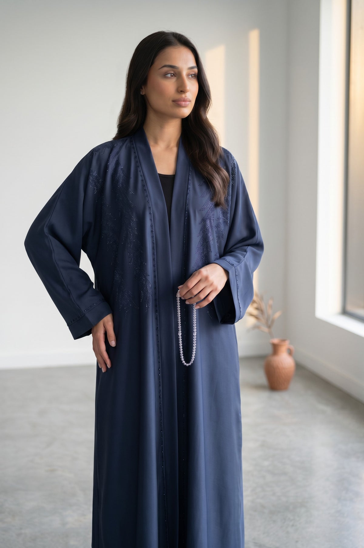 Styled look of Feather Rhinestone Deep Abaya, perfect for everyday wear