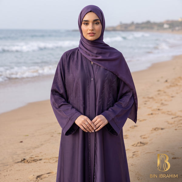 Close-up detail of Royal Plum Feather Abaya showcasing feather embellishment