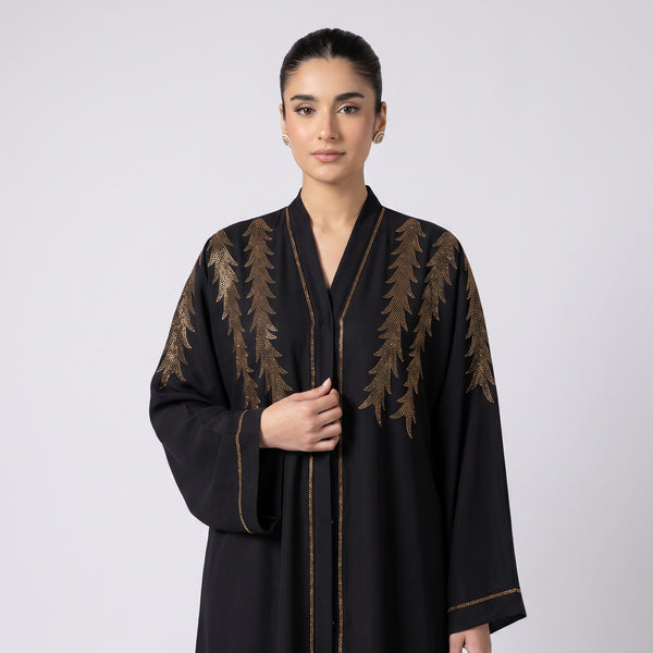 Front view of Golden Feather Rhinestone Abaya