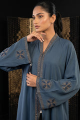 Front view of Slate Blue Flared Abaya - premium Nida fabric full-flare abaya