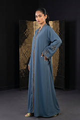 Side view of Slate Blue Flared Abaya showing sweeping flare drape