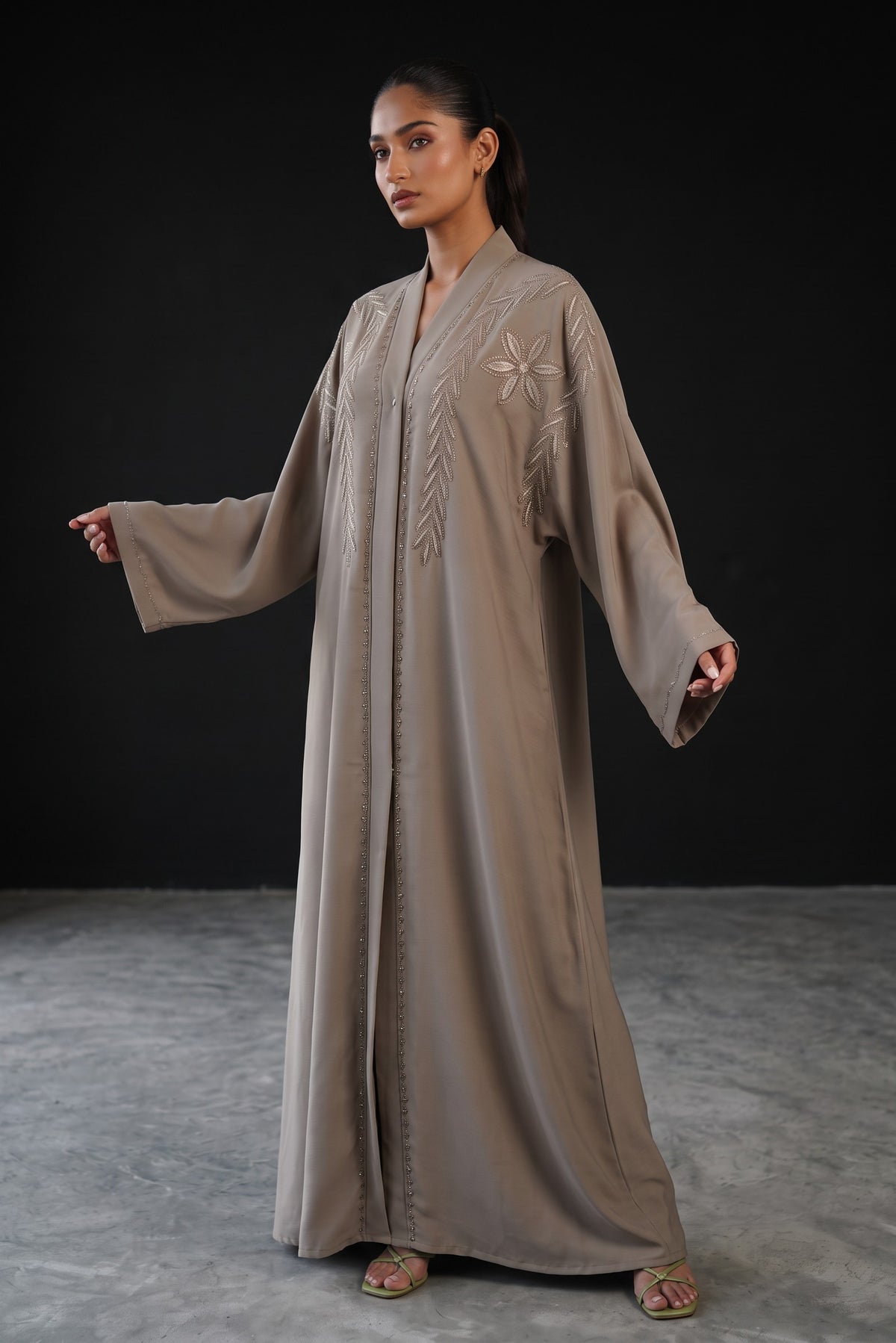 Front view of Taupe Glow Embellished Abaya - premium Shine TikTok fabric modest wear