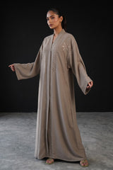 Front view of Taupe Glow Embellished Abaya - premium Shine TikTok fabric modest wear