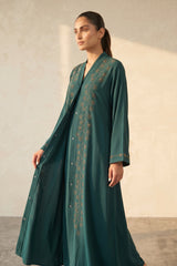 Front view of Emerald Rhinestone Starburst Abaya - premium Premium TikTok Fabric (breathable, lightweight crepe with a silky-soft hand feel and fluid drape). modest wear