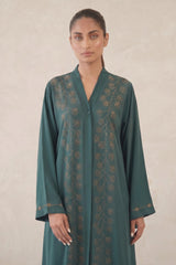 Full-length view of Emerald Rhinestone Starburst Abaya in Deep Emerald Green / Dark Teal