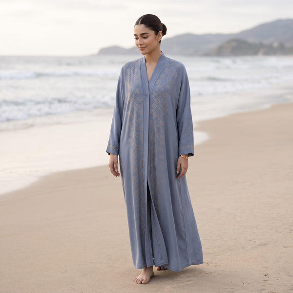 Front view of Rhinestone Starburst Abaya - premium Premium TikTok Fabric (a soft-textured, breathable, lightweight crepe with an elegant flow). modest wear