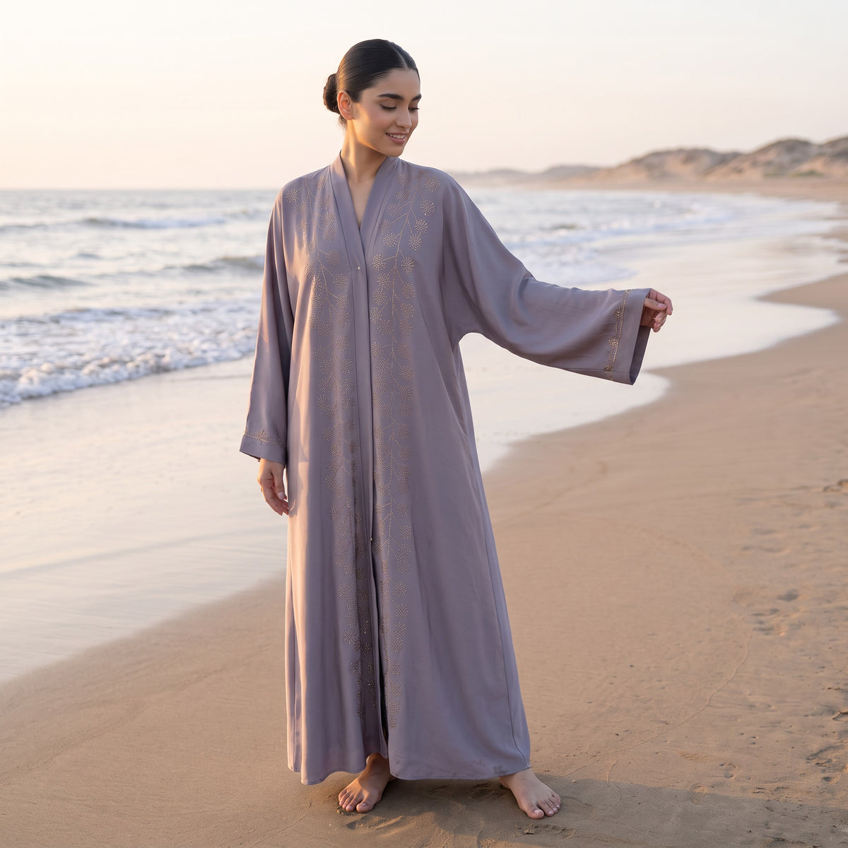 Front view of Rhinestone Starburst Abaya 2 - premium Premium TikTok Fabric (a soft-textured, breathable, lightweight crepe fabric with an elegant drape). modest wear
