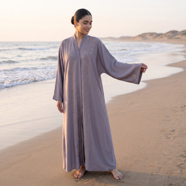 Front view of Rhinestone Starburst Abaya 2 - premium Premium TikTok Fabric (a soft-textured, breathable, lightweight crepe fabric with an elegant drape). modest wear