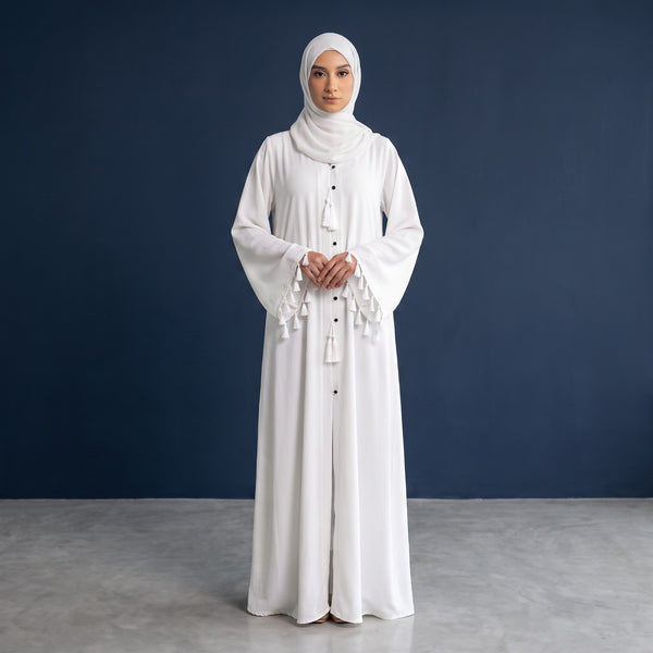 Front view of Pearl Tassel Flared Abaya - premium Premium Nida Fabric (silky-smooth, lightweight, breathable, and highly durable with a rich flow). modest wear
