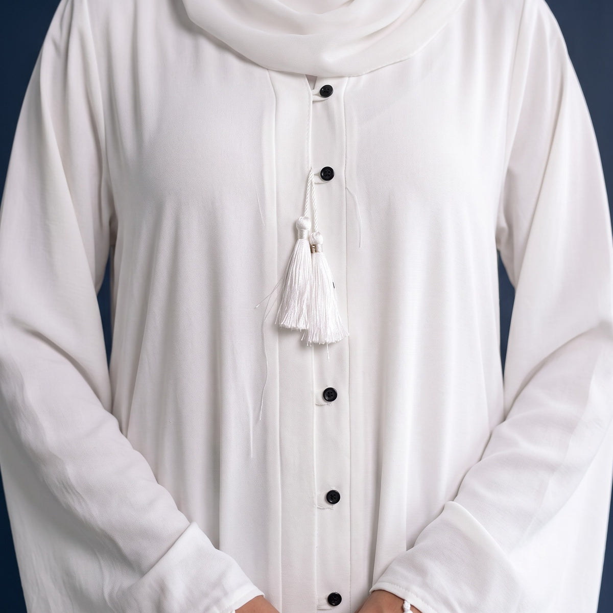 Close-up detail of Pearl Tassel Flared Abaya showcasing the design work