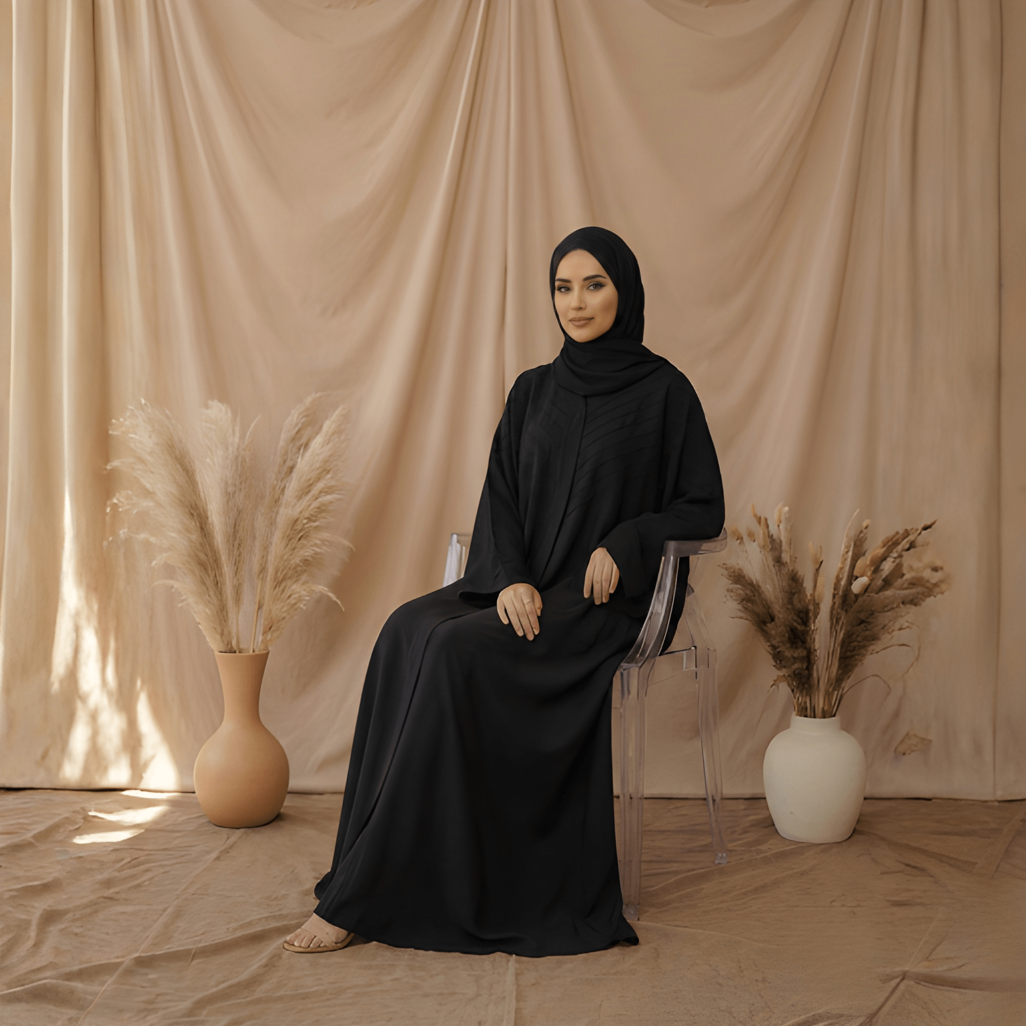 Midnight Grace black open-front kaftan abaya in lightweight Nida fabric — Bin Ibrahim Pakistan