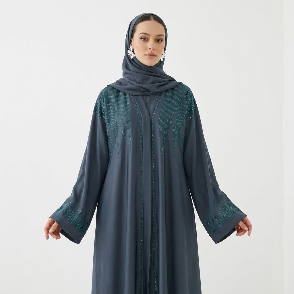 Front view of Zink Blue Emerald DMC Abaya - premium TikTok fabric modest wear