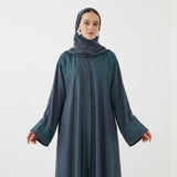Front view of Zink Blue Emerald DMC Abaya - premium TikTok fabric modest wear