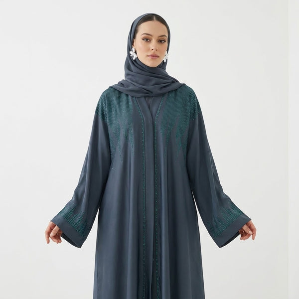 Front view of Zink Blue Emerald DMC Abaya