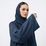 Side view of Zink Blue Emerald DMC Abaya open front abaya
