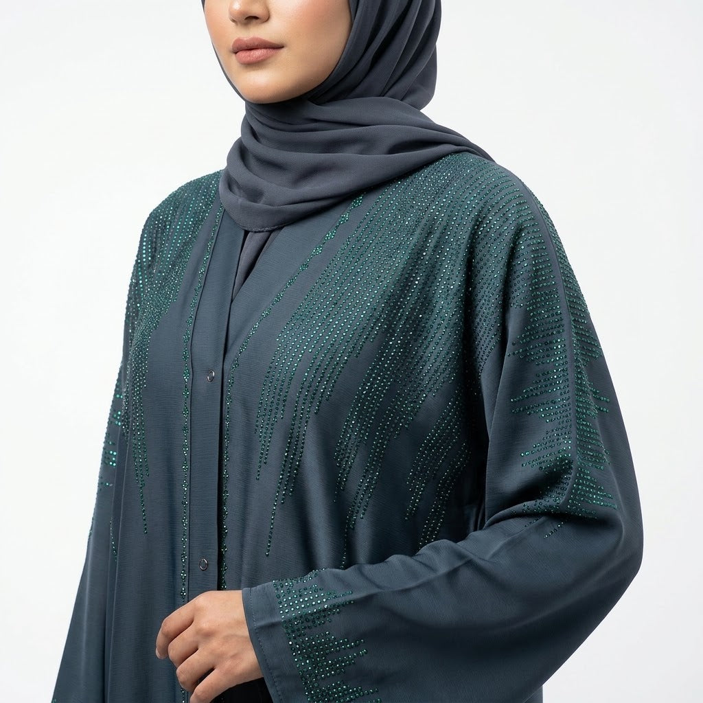 Zink Blue Emerald DMC Abaya styled full length view
