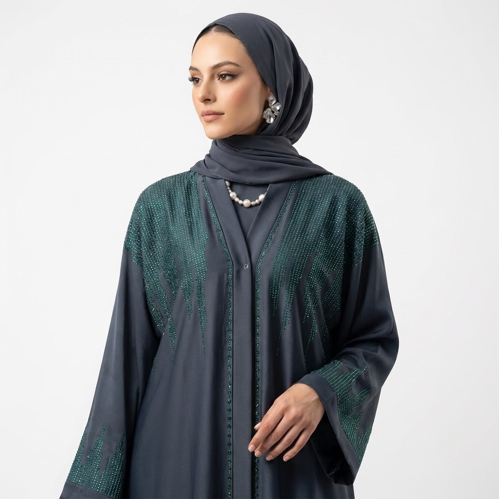 Sleeve cuff detail of Zink Blue Emerald DMC Abaya with stone trim
