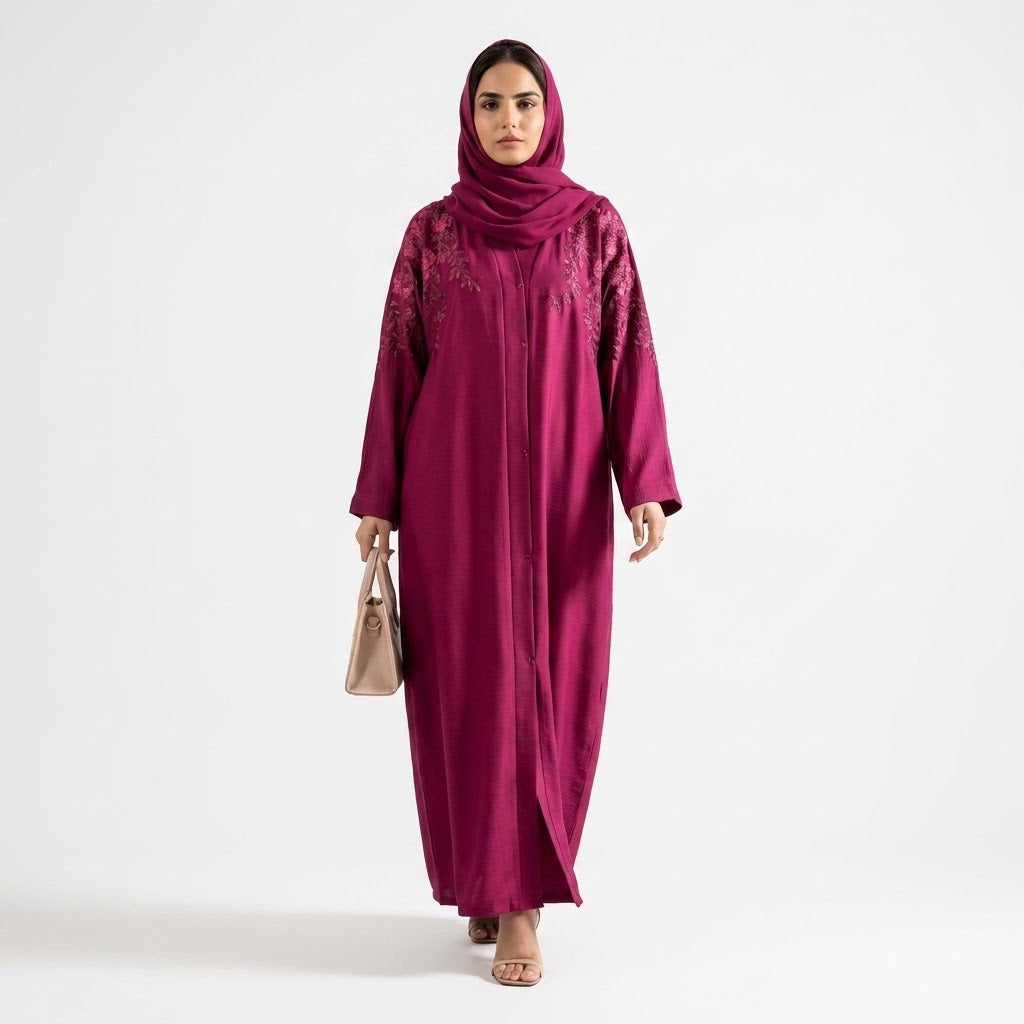 Front view of Ruby Bloom Embroidered Coat - premium Premium Textured Zoom Fabric modest wear