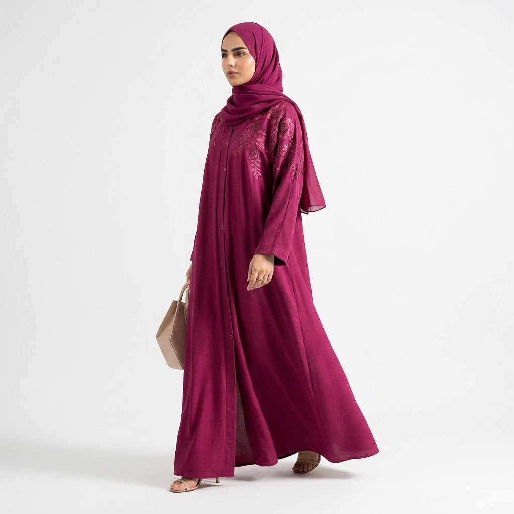 Side profile of Ruby Bloom Embroidered Coat highlighting the silhouette