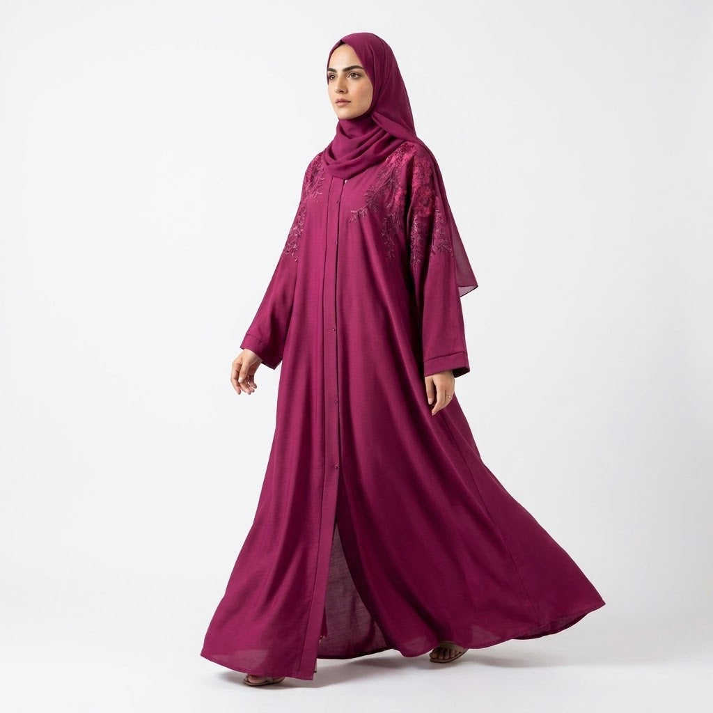 Styled look of Ruby Bloom Embroidered Coat, perfect for festive gatherings, formal events, boutique modest wear, and party wear
