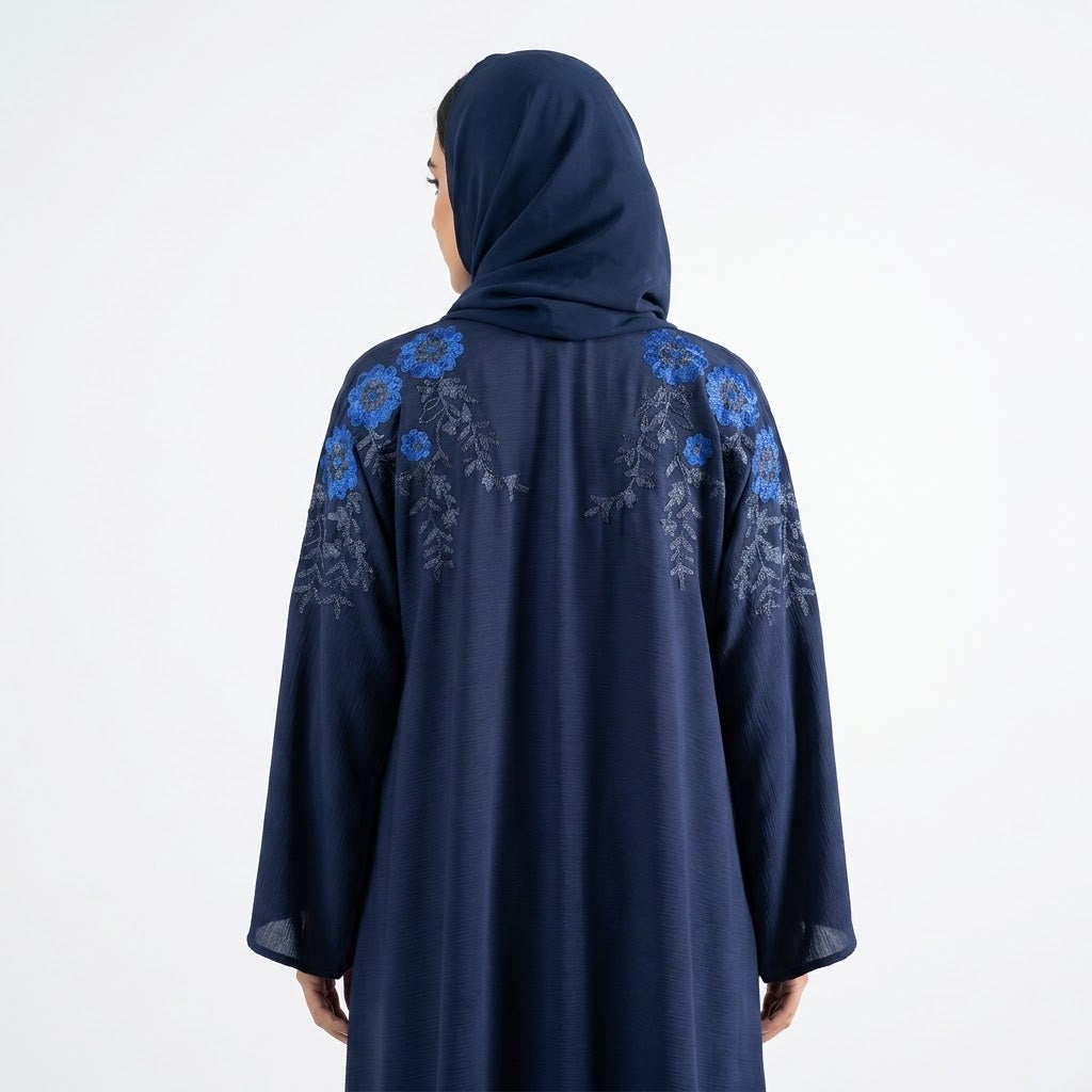 Close-up detail of Sapphire Bloom Embroidered Coat showcasing the design work