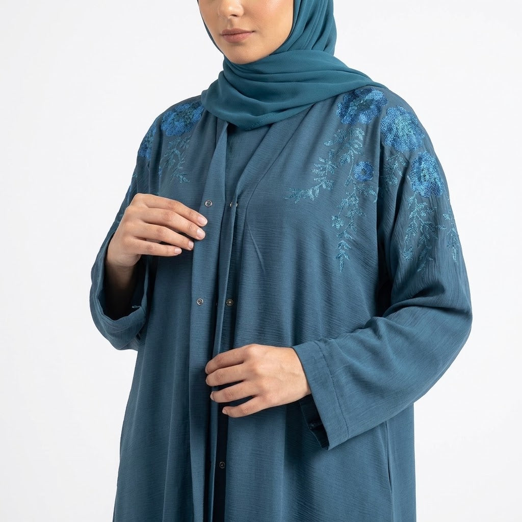 Styled look of Ocean Bloom Embroidered Coat, perfect for formal events, festive wear, boutique modest wear, and evening dinners