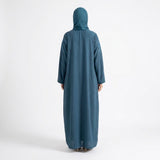 Full-length view of Ocean Bloom Embroidered Coat in Slate Blue / Petrol Teal base with Aqua & Turquoise threadwork
